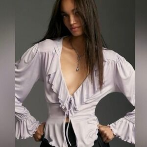 By Anthropologie Tie Front Blouse Lavender Purple Long Sleeve Blouse Size Large